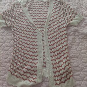 SHEIN White and Pink Chevron Button Cardigan